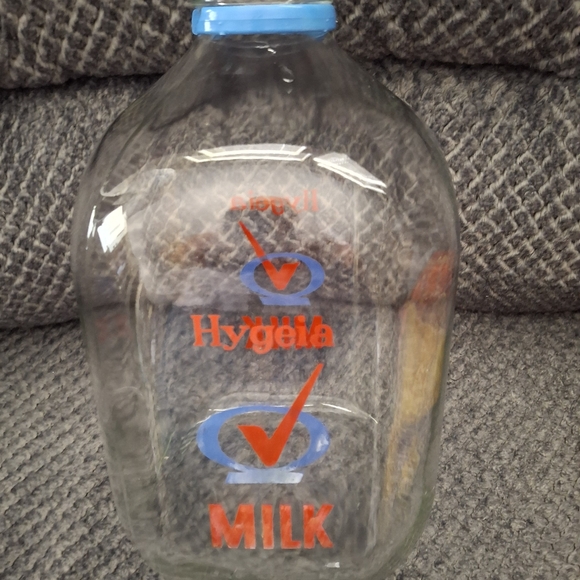 Antique Hygeia Clear Glass Milk Jug with Red and Blue Design 1 Gallon - Picture 2 of 2